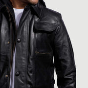 Men's Moulder Hooded Musta Nahkatakki Miehille - Lateral Side Profile View Showing Sleeve Cut &amp; Athletic Taper Fit