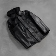 Zipper &amp; Hem Craftsmanship Construction Detail on Men's Moulder Hooded Musta Nahkatakki Miehille