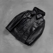 Styled Fit Perspective of Men's Moulder Hooded Musta Nahkatakki Miehille on Model - Natural Daylight Drape