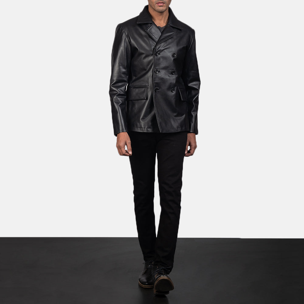 
Mr. Bailey Musta Leather Naval Peacoat Miehille - Sivuprofiili ergonomisella hihanleikkauksella