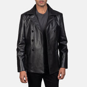 
Yksityiskohtainen lähikuva of Notch & Buttons Hardware on Mr. Bailey Musta Leather Naval Peacoat Miehille