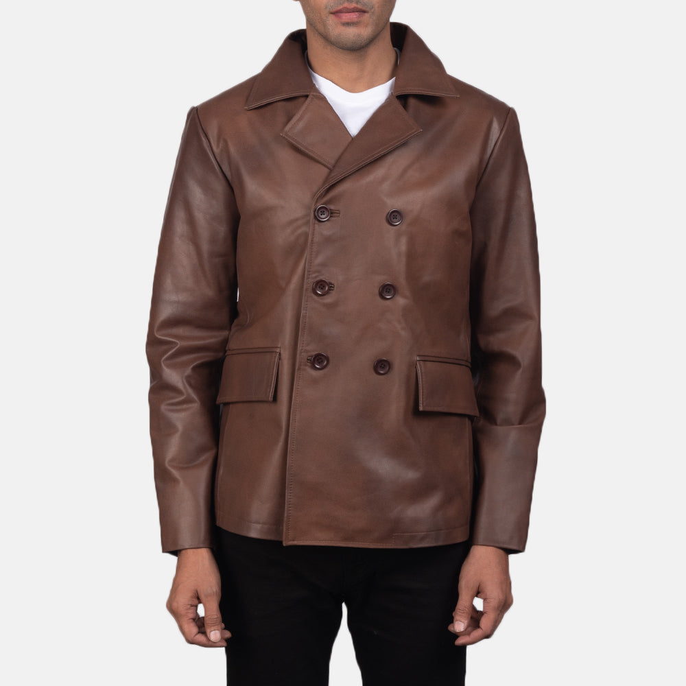 Mr. Bailey Ruskea Leather Naval Peacoat Miehille in Brown Cowhide Leather - Front Profile View &amp; Tailored Silhouette | Buy Online