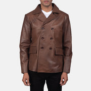 Mr. Bailey Ruskea Leather Naval Peacoat Miehille in Brown Cowhide Leather - Front Profile View &amp; Tailored Silhouette | Buy Online