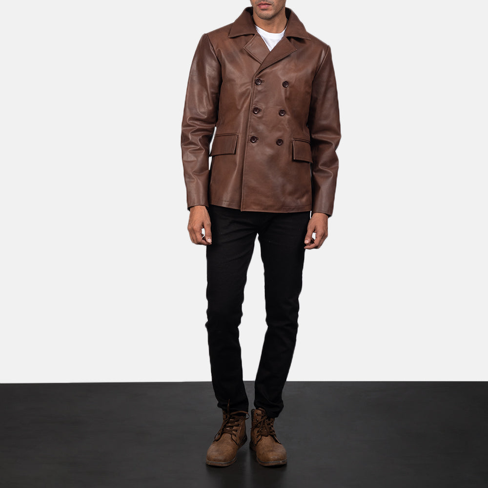 Mr. Bailey Ruskea Leather Naval Peacoat Miehille - Lateral Side Profile View Showing Sleeve Cut &amp; Athletic Taper Fit