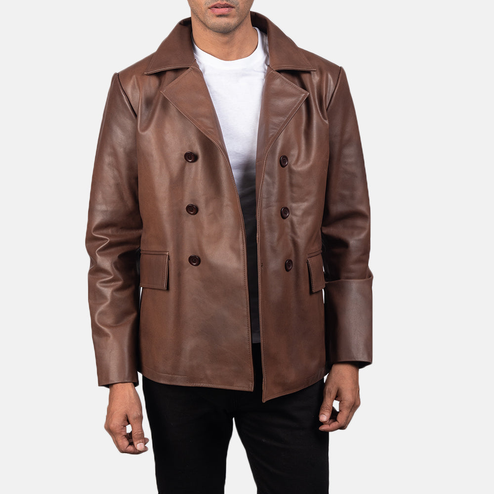 Close-Up Detail of Notch &amp; Buttons Hardware on Mr. Bailey Ruskea Leather Naval Peacoat Miehille