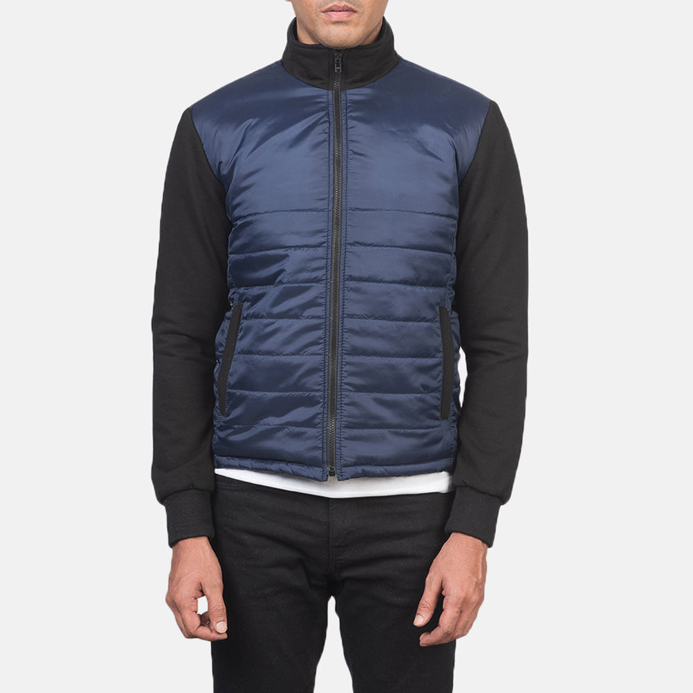 
Yksityiskohtainen lähikuva of High Neck & Zipper with wind flap Hardware on Nashville Tepattu Sininen Windbreaker Nahkatakki Miehille