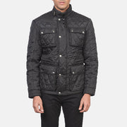 
Yksityiskohtainen lähikuva of Belted Band & Zipper with Front Button Flap Hardware on Nelson Tepattu Musta Windbreaker Nahkatakki Miehille