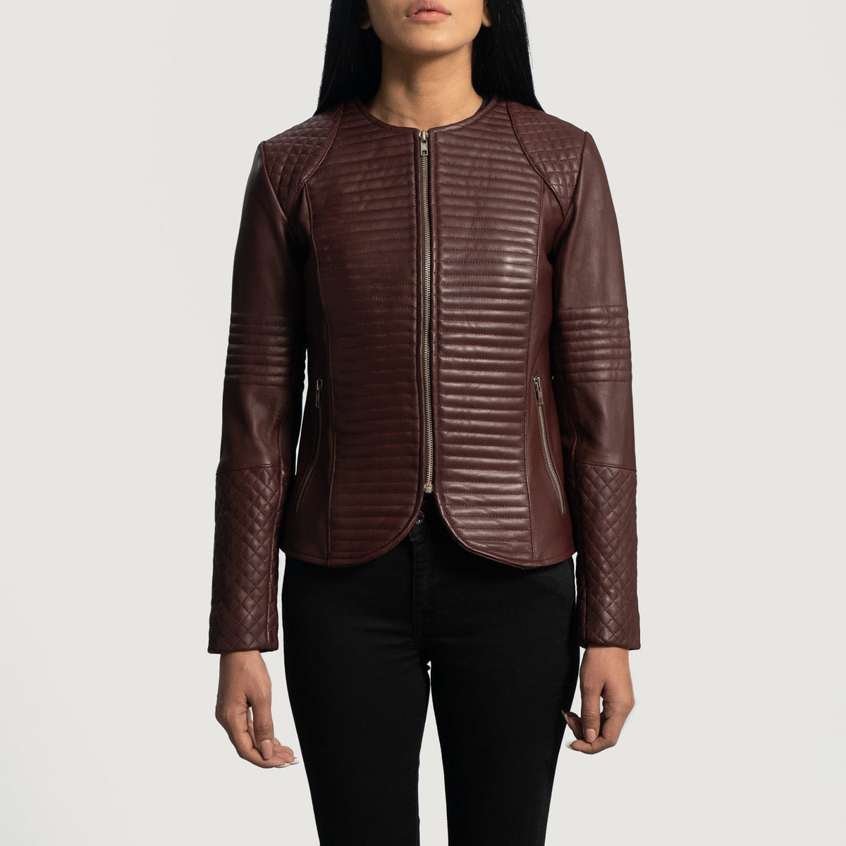 Women's Nexi Quilted Maroon Leather Jacket in Maroon Sheepskin Leather - Front Profile View &amp; Tailored Silhouette | Buy Online