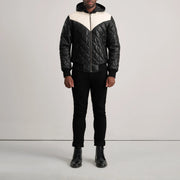 
Norman Tan Hooded Bomber Leather Puffer Jacket - Sivuprofiili ergonomisella hihanleikkauksella