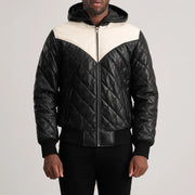 
Yksityiskohtainen lähikuva of Hooded & Zipper Hardware on Norman Tan Hooded Bomber Leather Puffer Jacket