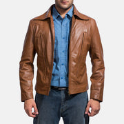 Old School Ruskea Nahkatakki Miehille in Brown Sheepskin Leather - Front Profile View &amp; Tailored Silhouette | Buy Online