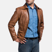 Old School Ruskea Nahkatakki Miehille - Lateral Side Profile View Showing Sleeve Cut &amp; Athletic Taper Fit