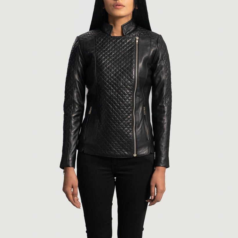 Orient Grain Quilted Musta Nahkainen Biker-takki Naisille