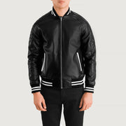 Pascal Musta Leather Varsity Nahkatakki Miehille in Black Sheepskin Leather - Front Profile View &amp; Tailored Silhouette | Buy Online