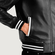 Pascal Musta Leather Varsity Nahkatakki Miehille - Lateral Side Profile View Showing Sleeve Cut &amp; Athletic Taper Fit