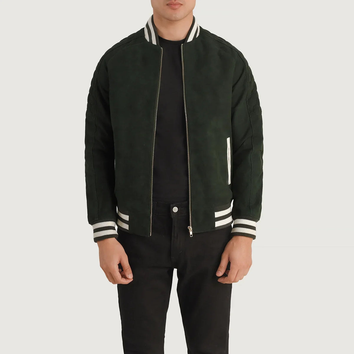 Pascal Green Suede Varsity Nahkatakki Miehille in Green Goatskin Suede - Front Profile View &amp; Tailored Silhouette | Buy Online