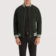 Pascal Green Suede Varsity Nahkatakki Miehille in Green Goatskin Suede - Front Profile View &amp; Tailored Silhouette | Buy Online