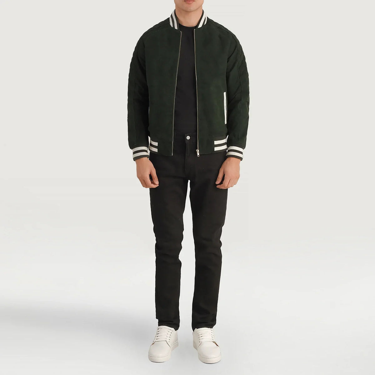 Pascal Green Suede Varsity Nahkatakki Miehille - Lateral Side Profile View Showing Sleeve Cut &amp; Athletic Taper Fit