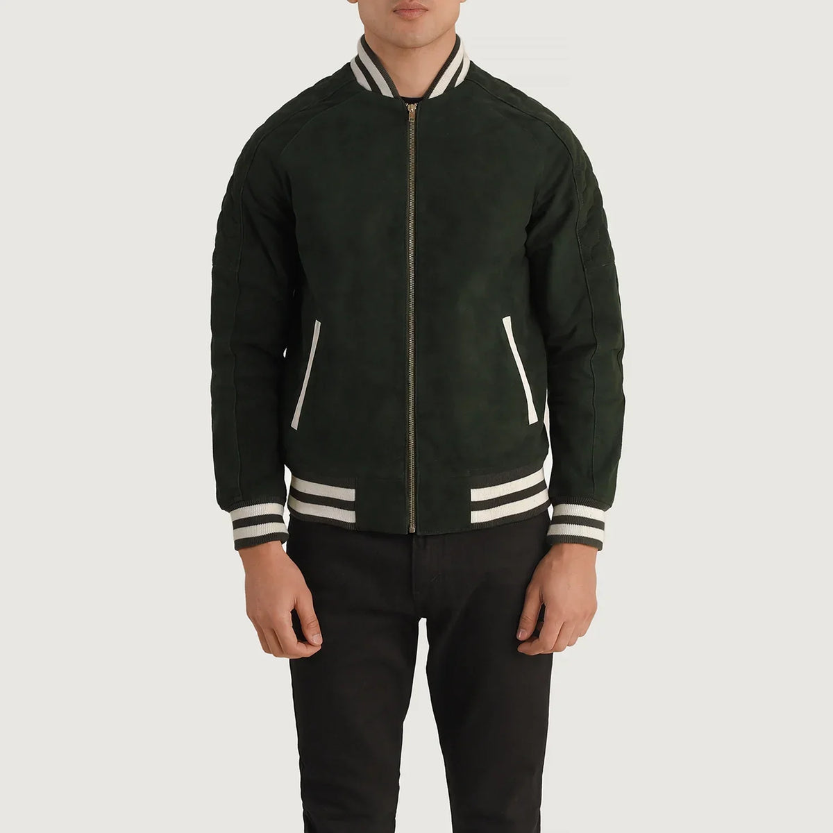 Close-Up Detail of Varsity collar &amp; Zipper Hardware on Pascal Green Suede Varsity Nahkatakki Miehille
