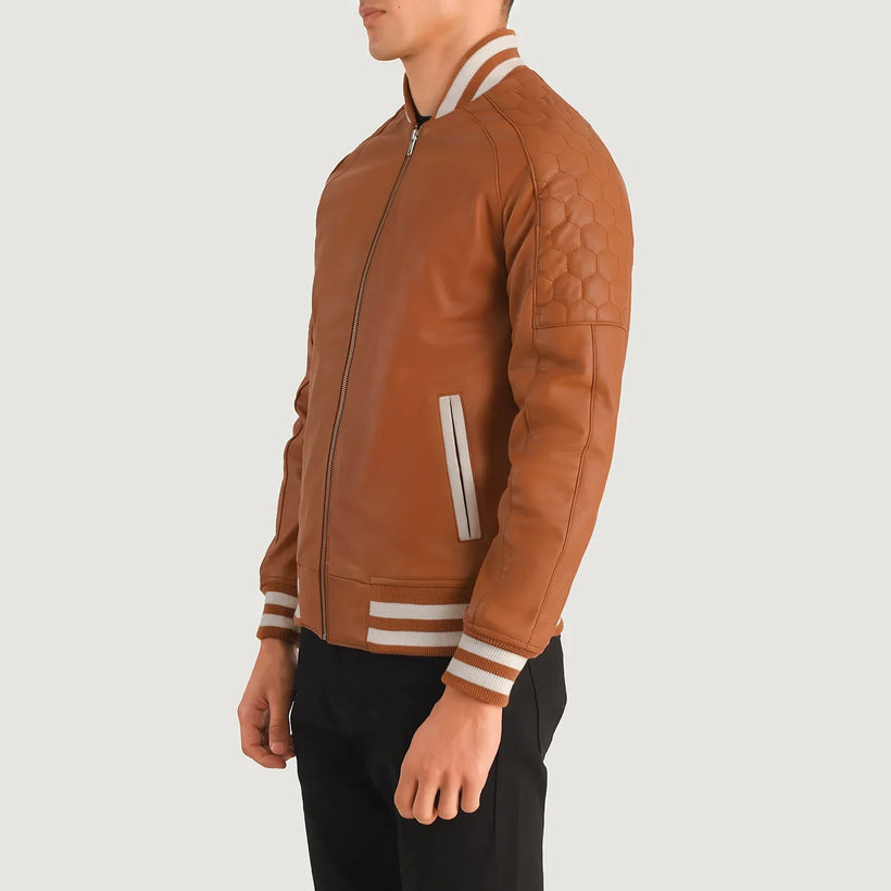 Tan Brown Sheepskin Leather Varsity Jacket - Back View Showing Tailored Shoulder Fit & Clean Hemline