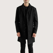 Petrillo Musta Wool Single Breasted Nahkatakki Pitkä Miehille in Black Synthetic Wool - Front Profile View &amp; Tailored Silhouette | Buy Online