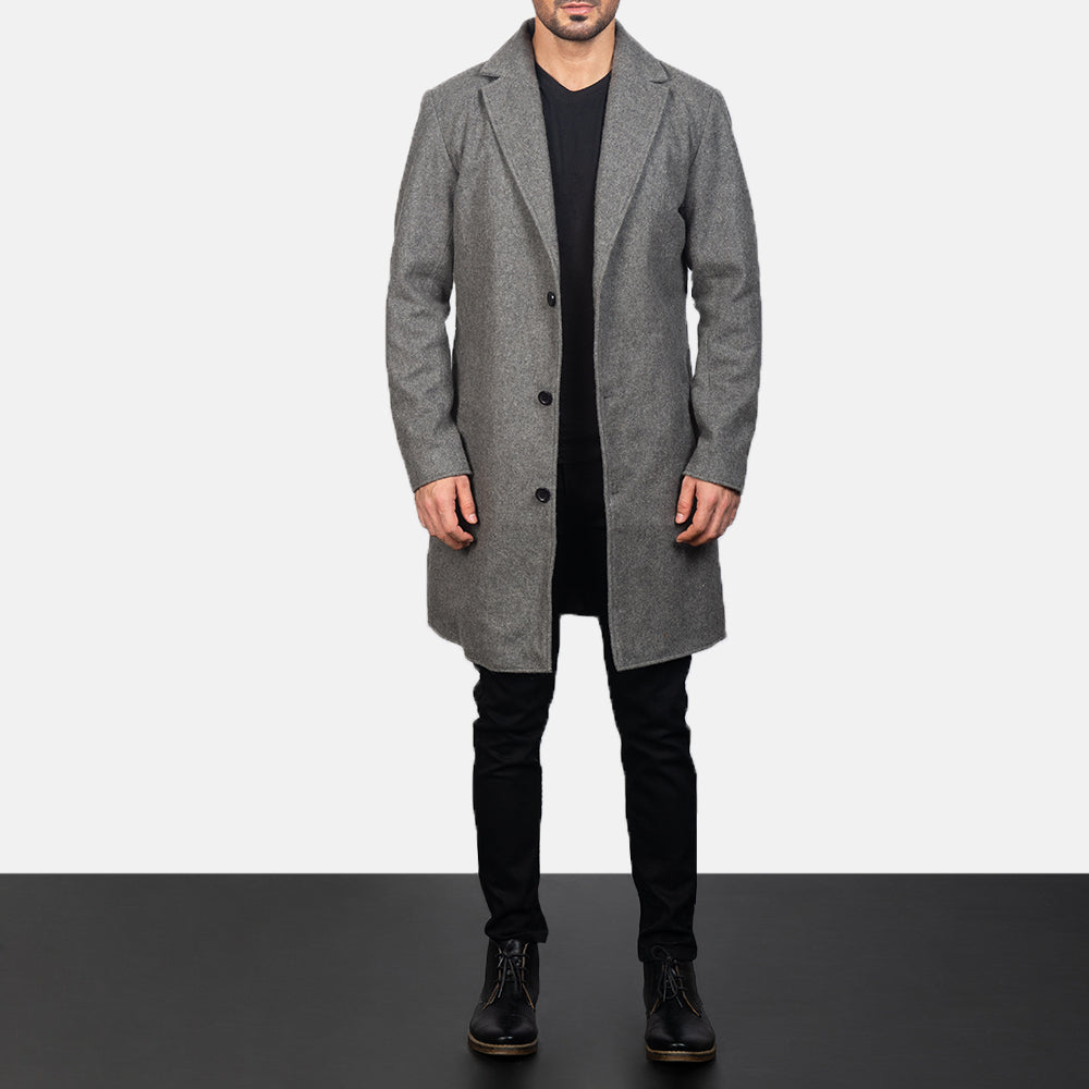 
Yksityiskohtainen lähikuva of Notch & Button Hardware on Petrillo Grey Wool Single Breasted Nahkatakki pitkä Miehille