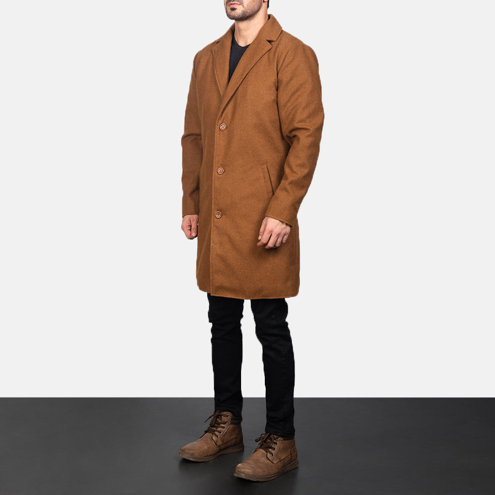 
Petrillo Khaki Wool Single Breasted Nahkatakki pitkä Miehille - Sivuprofiili ergonomisella hihanleikkauksella