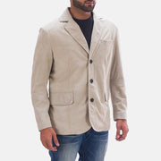 Off White (Greyish) Goatskin Suede Leather Blazer - Back View Showing Tailored Shoulder Fit &amp; Clean Hemline