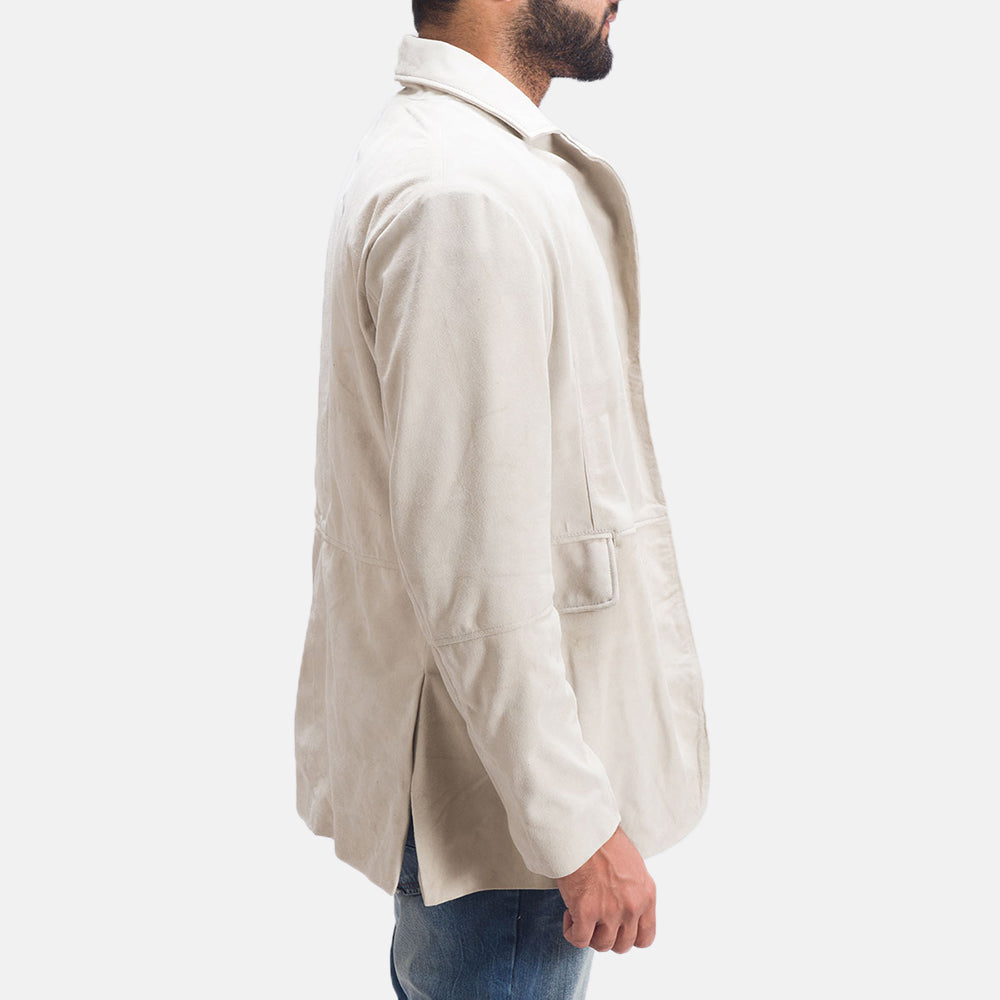 Close-Up Detail of Notch &amp; Button Hardware on Men's Professor By Day Suede Nahkainen Bleiseri Miehille