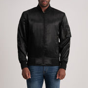Quinton MA-1 Musta Nahkainen Pommitakki Miehille in Black Satin - Front Profile View &amp; Tailored Silhouette | Buy Online
