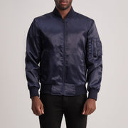 Quinton MA-1 Blue Nahkainen Pommitakki Miehille in Blue Satin - Front Profile View &amp; Tailored Silhouette | Buy Online