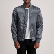 Quinton MA-1 Grey Nahkainen Pommitakki Miehille - Lateral Side Profile View Showing Sleeve Cut &amp; Athletic Taper Fit