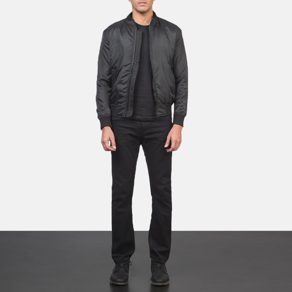 Men's Ramon Musta Nahkainen Pommitakki Miehille - Lateral Side Profile View Showing Sleeve Cut &amp; Athletic Taper Fit
