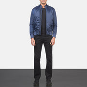 Men's Ramon Blue Nahkainen Pommitakki Miehille - Lateral Side Profile View Showing Sleeve Cut &amp; Athletic Taper Fit