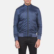 Close-Up Detail of Band &amp; Zipper with wind flap Hardware on Men's Ramon Blue Nahkainen Pommitakki Miehille