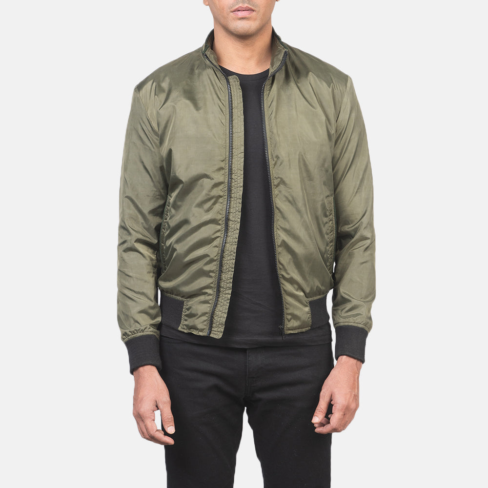 Men's Ramon Green Nahkainen Pommitakki Miehille in Green Nylon - Front Profile View &amp; Tailored Silhouette | Buy Online