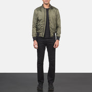 Men's Ramon Green Nahkainen Pommitakki Miehille - Lateral Side Profile View Showing Sleeve Cut &amp; Athletic Taper Fit