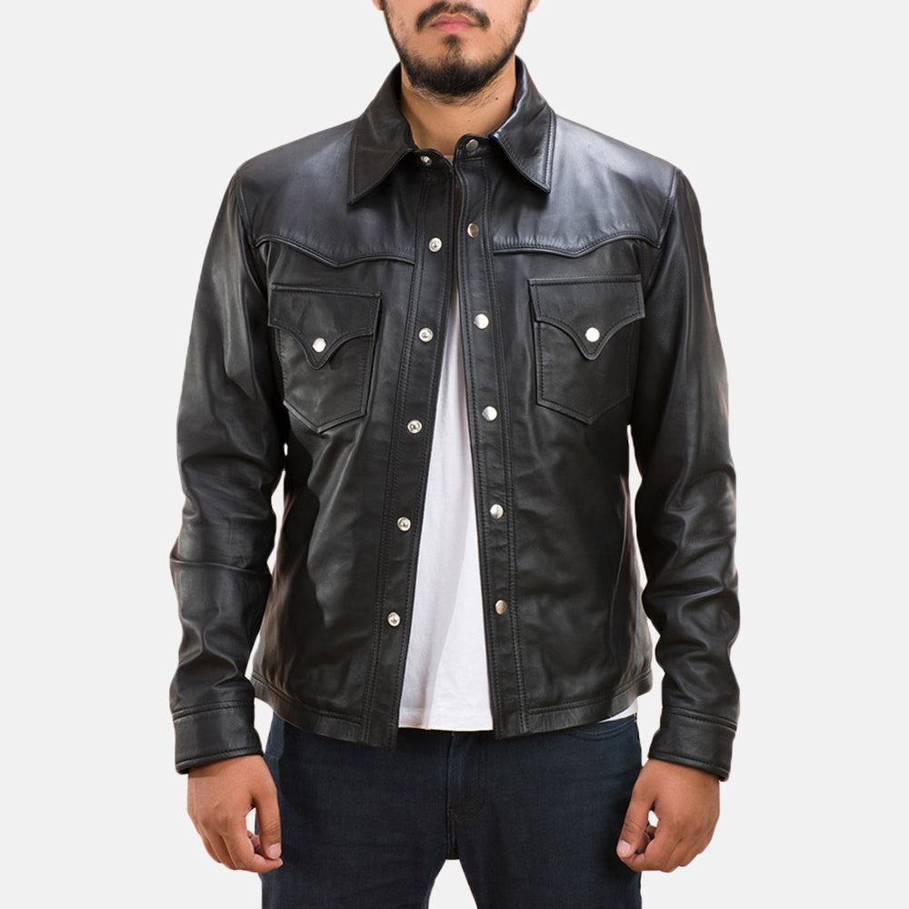 
Ranchson Musta Leather Shirt Miehille in Black Sheepskin Leather - Edestä ja räätälöity siluetti | Osta verkosta