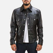 
Ranchson Musta Leather Shirt Miehille in Black Sheepskin Leather - Edestä ja räätälöity siluetti | Osta verkosta