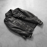 
Button & Hem Craftsmanship Construction Detail on Ranchson Musta Leather Shirt Miehille