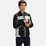 Randolf Silver Musta Nahkainen Biker-takki Miehille in Black &amp; silver Sheepskin Leather - Front Profile View &amp; Tailored Silhouette | Buy Online