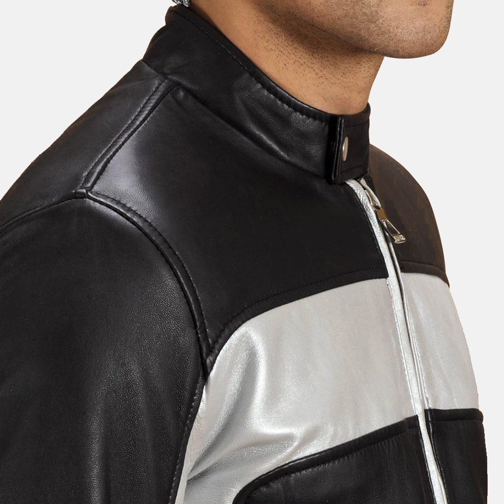 Randolf Silver Musta Nahkainen Biker-takki Miehille - Lateral Side Profile View Showing Sleeve Cut &amp; Athletic Taper Fit