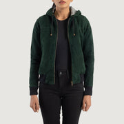 
Rebella Green Hooded Suede Bomber Jacket in Green Goatskin Suede - Edestä ja räätälöity siluetti | Osta verkosta