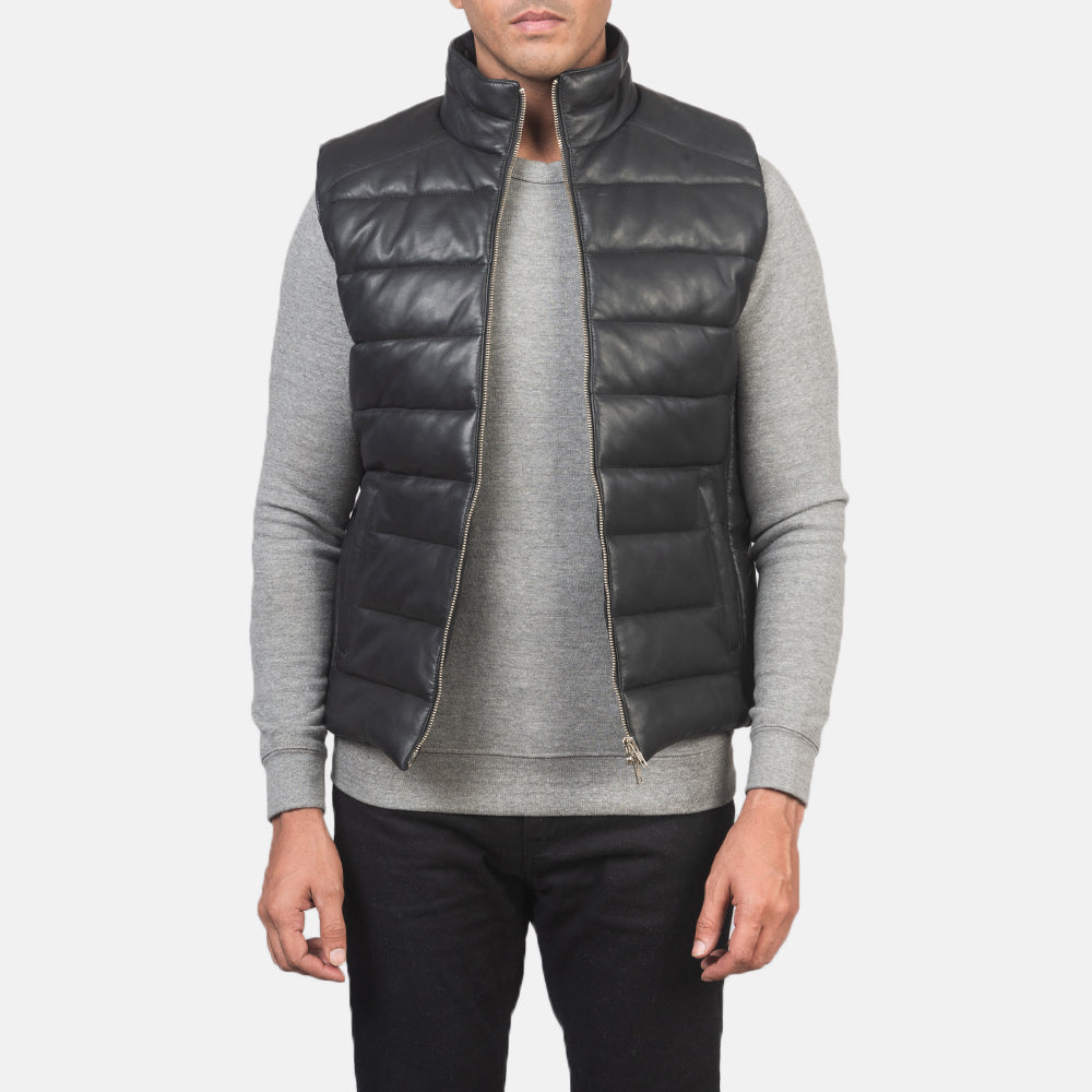 Men's Reeves Musta Leather Puffer Vest Miehille in Black Sheepskin Leather - Front Profile View &amp; Tailored Silhouette | Buy Online