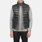 Men's Reeves Musta Leather Puffer Vest Miehille in Black Sheepskin Leather - Front Profile View &amp; Tailored Silhouette | Buy Online