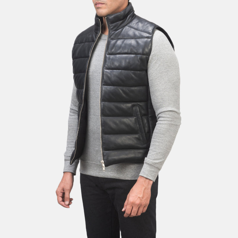 Reeves Musta Leather Puffer Vest Miehille