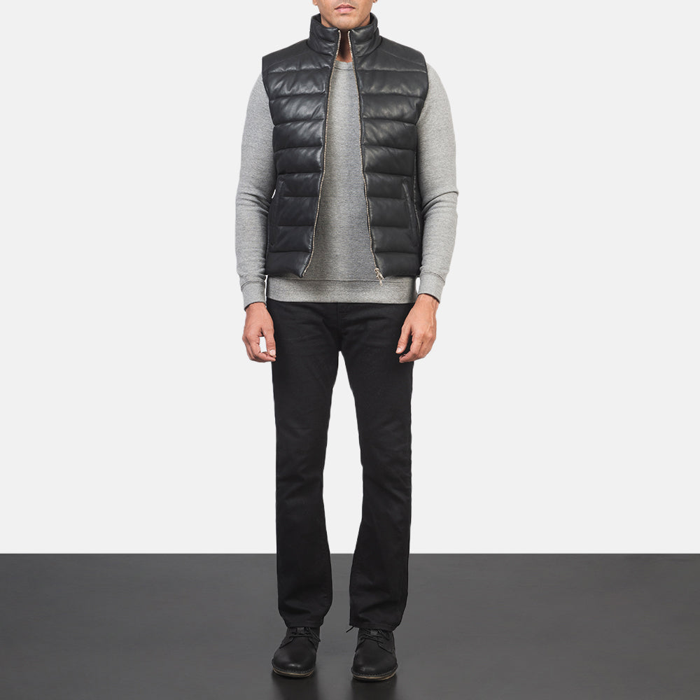 Men's Reeves Musta Leather Puffer Vest Miehille - Lateral Side Profile View Showing Sleeve Cut &amp; Athletic Taper Fit