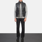 Men's Reeves Musta Leather Puffer Vest Miehille - Lateral Side Profile View Showing Sleeve Cut &amp; Athletic Taper Fit