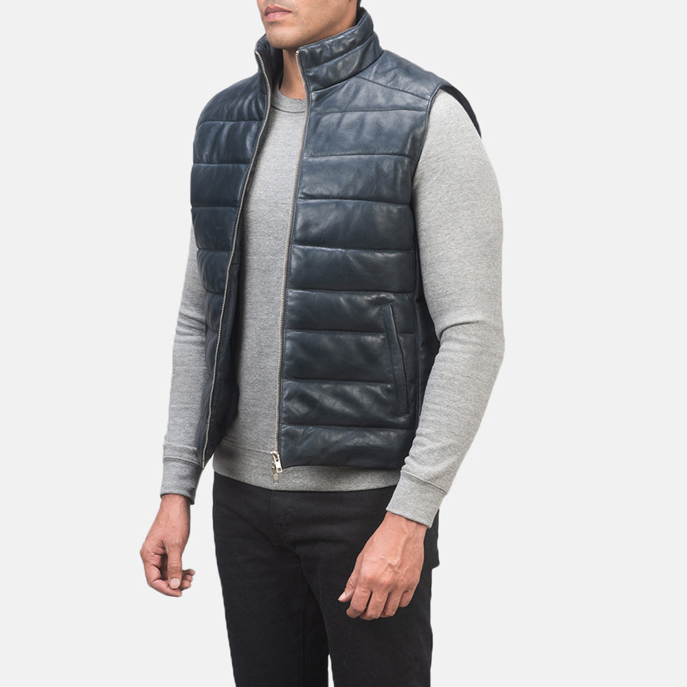 
Blue Sheepskin leather Vest - Takaa istuvilla olkapäillä ja siistillä helmalla