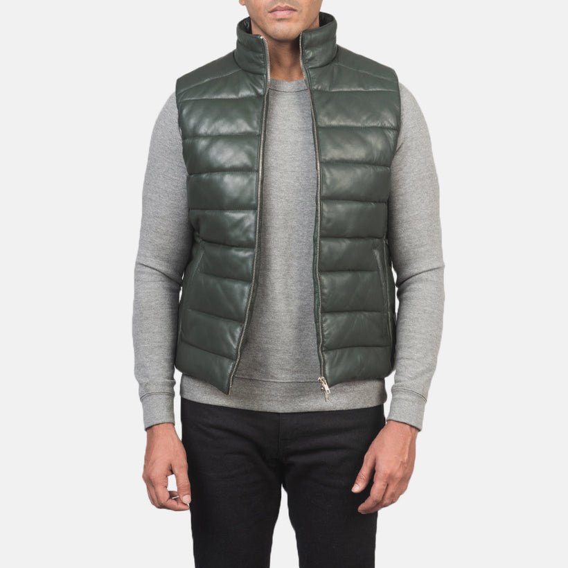 Reeves Green Leather Puffer Vest Miehille